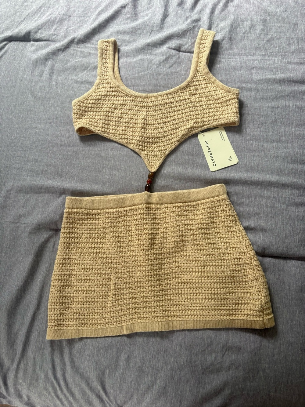 Peppermayo Sand One Kiss Crochet Mini Dress